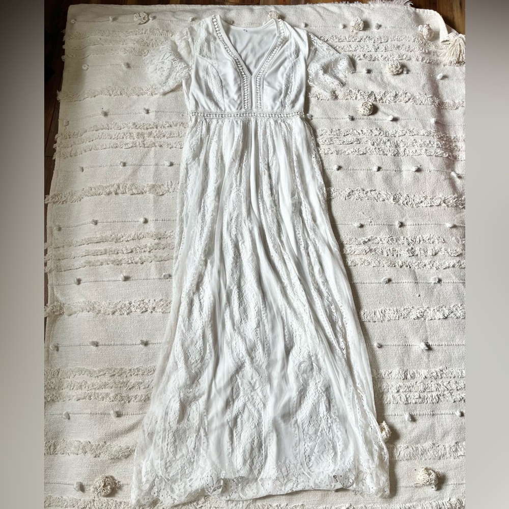 V Neck Floral Lace White Short Sleeve Boho Photoshoot Maternity Dress small - Picture 5 of 12